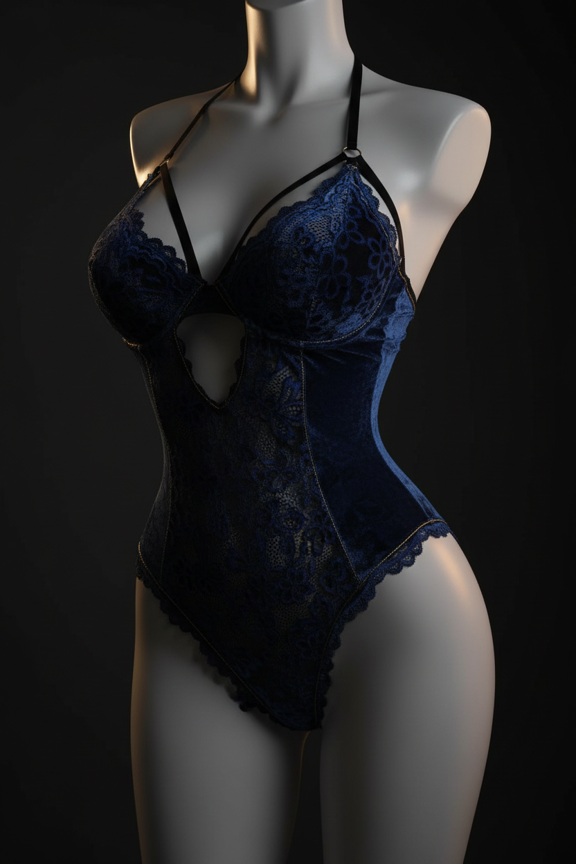 Blue lace lingerie set on a mannequin against a black background