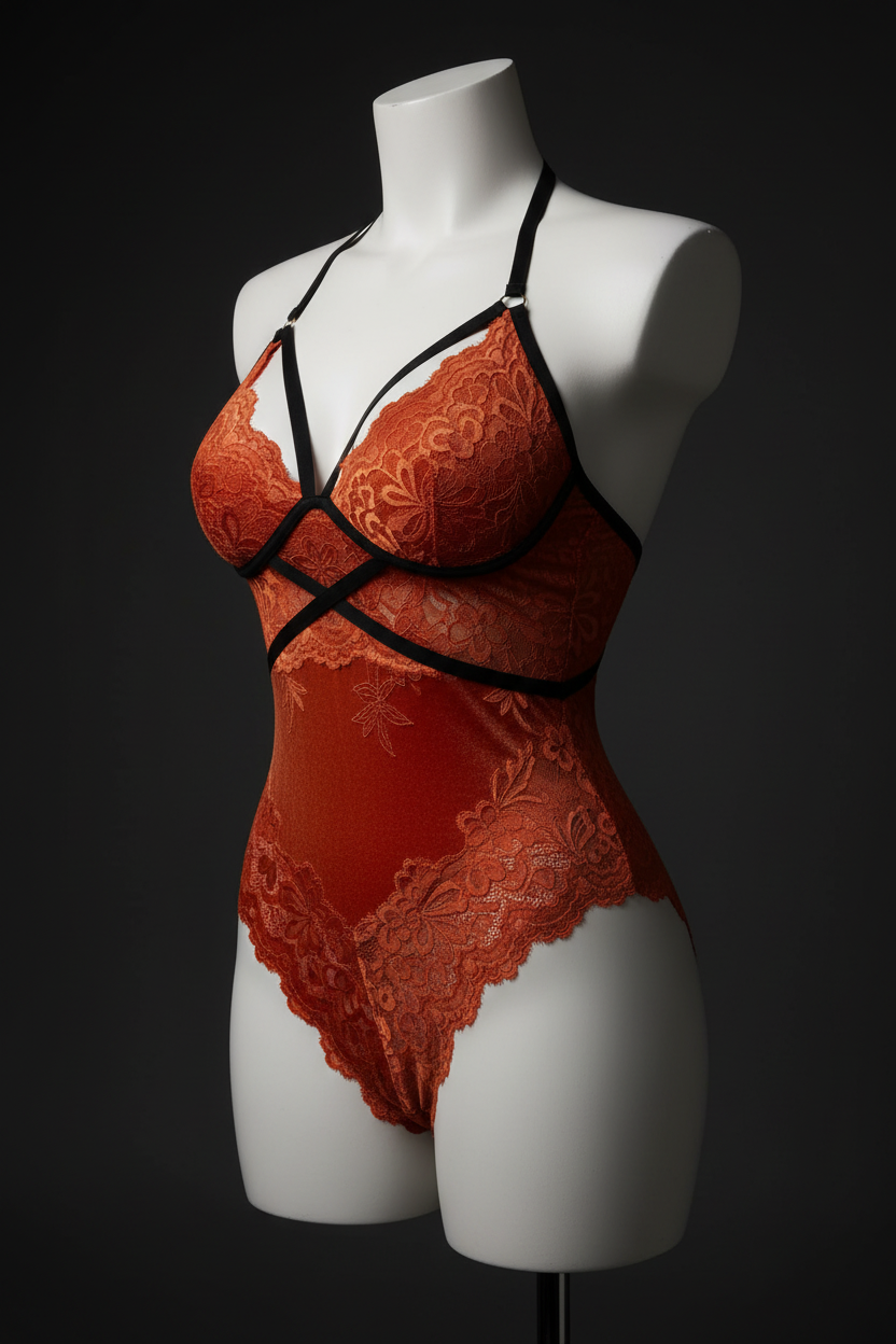 Red lace lingerie set on a mannequin against a black background
