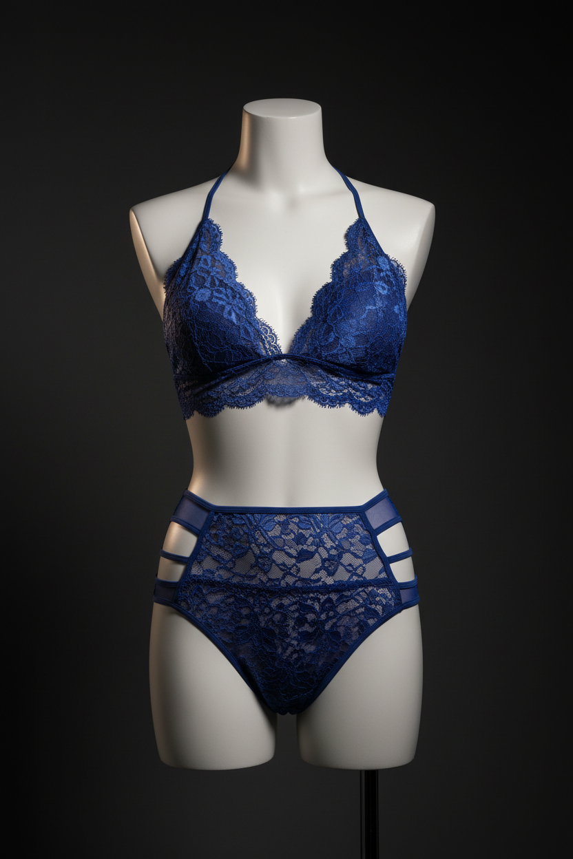 Blue lace lingerie set on a mannequin against a black background