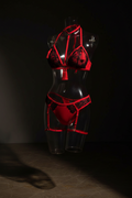 Red lingerie set on a transparent mannequin against a dark background