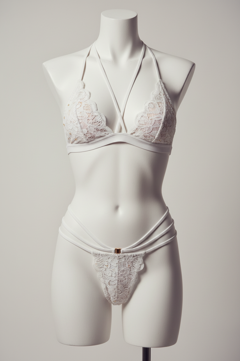 Mannequin wearing a white lace lingerie set on a plain background