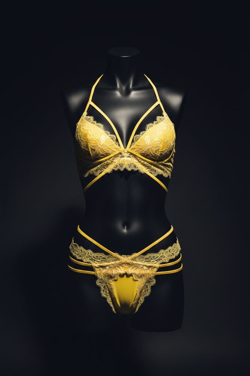 Gold lace lingerie set on a black mannequin against a black background
